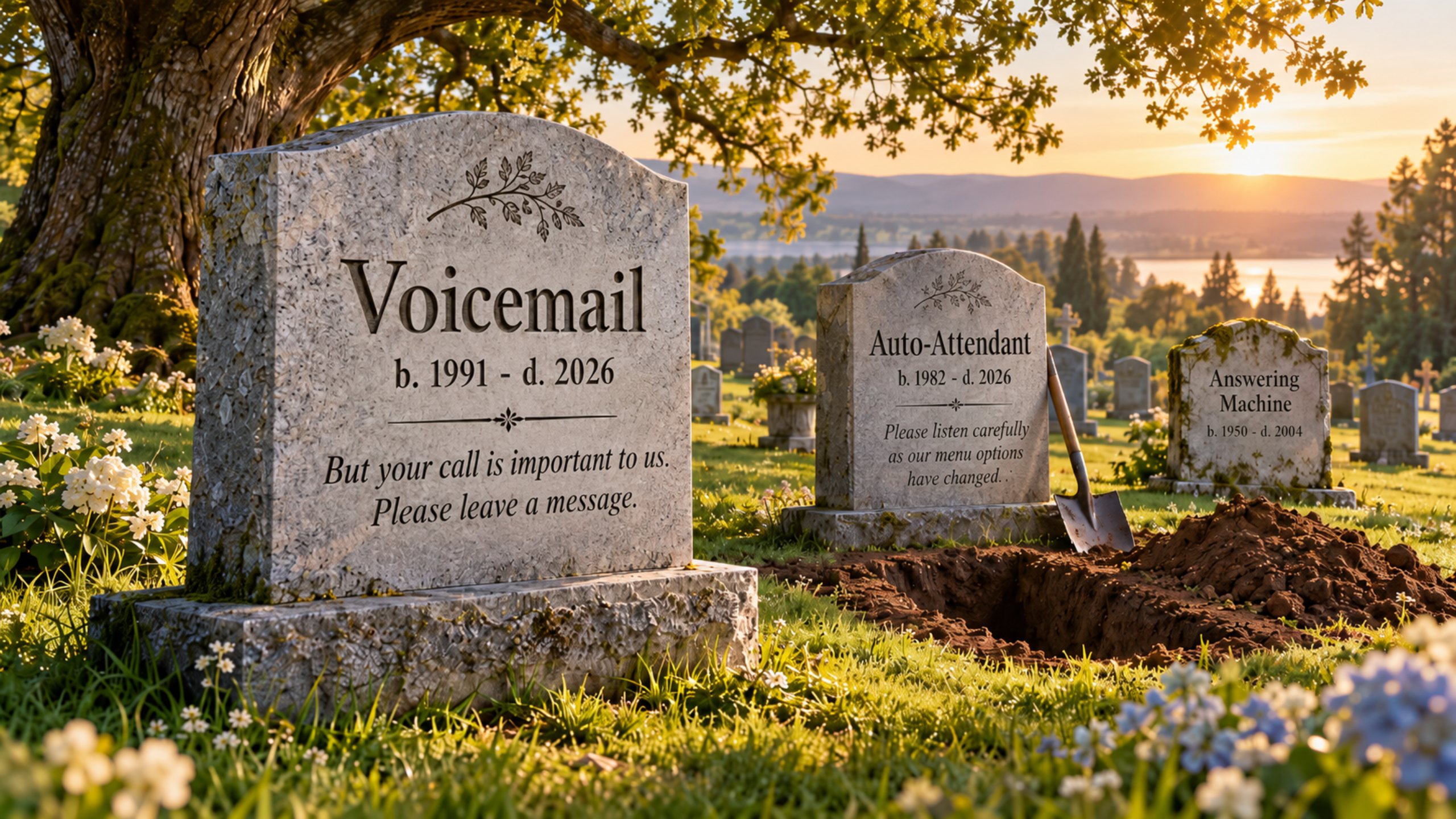 Three headstones at sunset. Voicemail, 1991 to 2026: But your call is important to us, please leave a message. Auto-Attendant, 1982 to 2026: Please listen carefully as our menu options have changed. Answering Machine, 1950 to 2004. A shovel stands in fresh dirt.